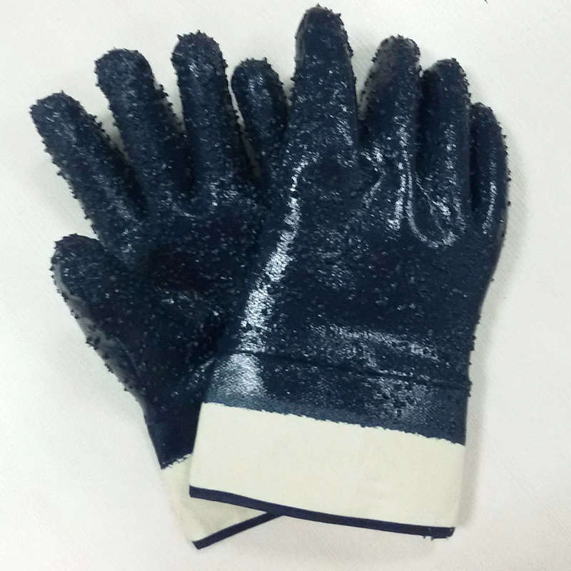 Jersey Fully Dipped Rough Finish Blue Nitrile Gloves Safety Work Glove